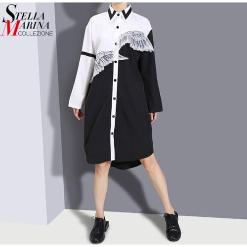 New Woman Long Sleeve Black White Patchwork Lace Wings Patch Straight Shirt Dress Style Girls Unique Style Dress Robe Femme 8492