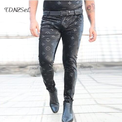 Sexy Men PU Leather Latex Exotic Pants Zip Open Crotch Skinny Slim Soft Shell Pant Fetish Wetlook Gay Club Dance Trousers Wear