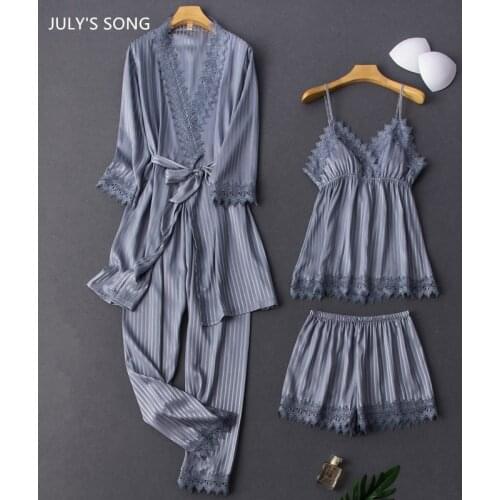 JULYS SONG Faux Silk Satin 4 Pieces Pajamas Set Stripe Sexy Lace Elegant Nightwear Female Pyjama Spring Autumn Summer Sleepwear