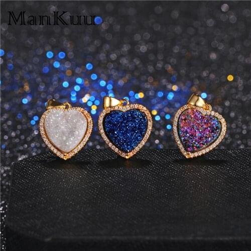 ManKuu Heart Shape Pendant Natural Quarz Druzy Stone Pendant Micro Pave Zircon Gold Plating Metal Pendant Necklace Accessories