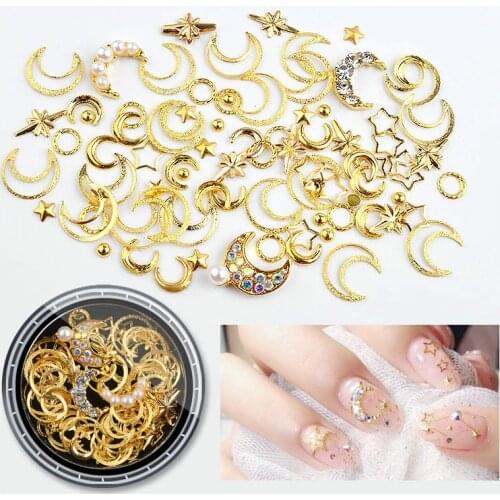 1Box Mixed AB Crystal Rhinestones Hollow Metal Studs 3d Gold Silver Moon Star Rivets Glitter Decoration DIY Nail Art Accessories