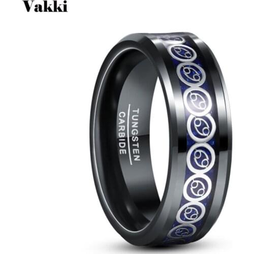VAKKi 8mm Tungsten Carbide Ring Black Ring Taurus Capricorn Constellation Heart Celtic Knot Blue Carbon Fiber Mens Jewelry