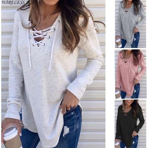 WIRELESS AGE T Shirt Women Long Sleeve V Neck Solid Color Sexy Splicing Tied Loose Commute Womens Tops New Summer Fashion Wild