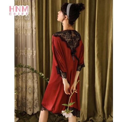 Robe Gown Sets Summer Ice Silk Casual Elegant Short Sleeve Red Womens Nightgown Sexy Lace Stitching Robes Wedding Night Dress