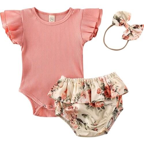 2021 New Summer Baby Clothing Infant Newborn Baby Girls Ruffled Ribbed Bodysuit Floral Shorts Headband 3Pcs Outfits Set