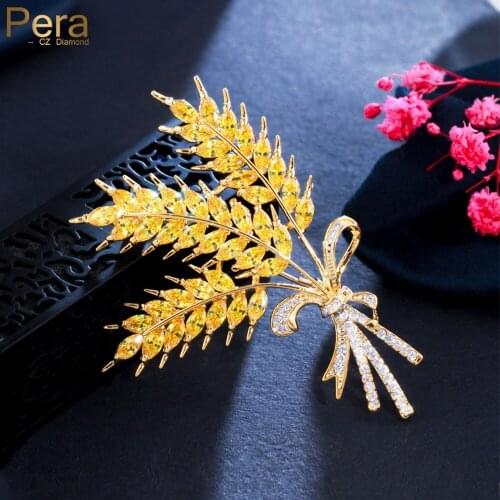 Pera Gorgeous Barley Leaf Shiny Yellow CZ Crystal Dubai Gold Brooches for Women Banquet Pins Clothing Jewelry Accessories C010