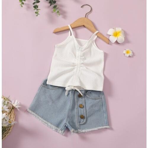 Kids Girls Summer 2pcs Tracksuit Ribbed Spaghetti Strap V-Neck Drawstring Vest + Denim Shorts Children Outwear Knitted Suits