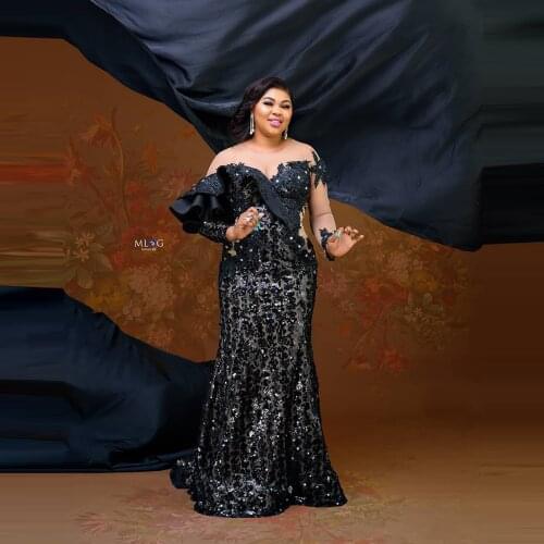 Elegant Black Evening Gowns Plus Size Long Sleeves Sequins Ruffles Custom Made Lace Appliques Formal Event Prom Dresses
