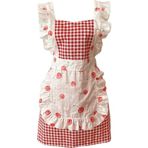 Korean style cotton lace red cherry sleeveless apron lady kitchen gingham cooking chef gown shop beauty nail art overalls apron