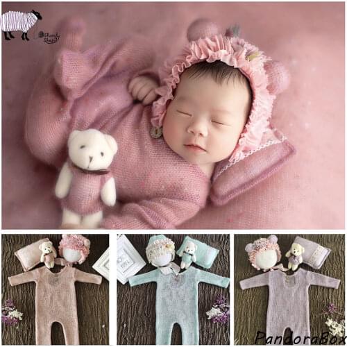 4Pc Newborn Photography Clothes Infant Baby Girl Photo Shoot Outfits with Bear Hat+Doll+Romper+Pillow foto Shoot Prop Costume