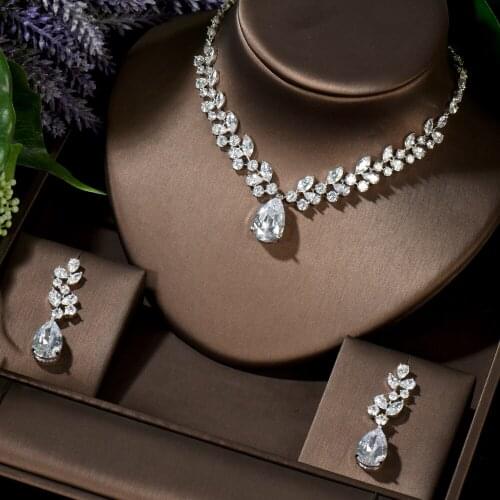 HIBRIDE Luxury Big Water Drop Charm White Pendant Necklace Earring Set For Women White Gold Color Jewelry Set For Women N-1473