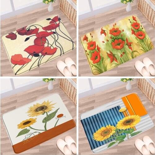 Plant Flower Bathroom Mat Red Poppy Yellow Sunflower Floral Landscape Non-Slip Rugs Bath Toilet Kitchen Doorway Aisle Carpet Pad
