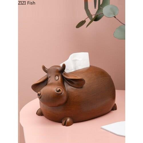 Creative Resin Animal Tissue Box Living Room Desktop Furnishings Wood Grain Cute Cow Tissue Box Pumping Paper Storage Home Decor