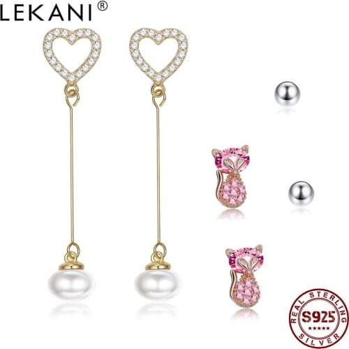 LEKANI 925 Sterling Silver Earrings For Women Cute Heart Pearl Earrings Sets Sparkling Fox Pink CZ Stud Earring Jewelry Gift