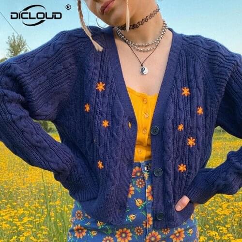 Cute Girls Sunflower Embroidery Cardigan Coat Women Autumn Knitted Sweater Harajuku Cropped Cardigans Female Winter Streetwear