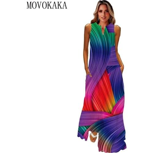 MOVOKAKA 2021 Fashion Summer Dress Women Robe Elegant Casual Plus Size Long Dresses Woman Sleeveless Girl Beach Maxi Dress Women