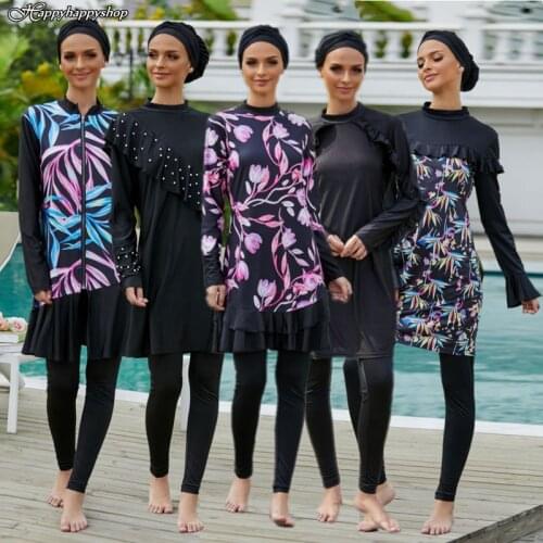 Multi Style Women Modesty 3Pcs Outfits Hijab Swimming Cap Burkinis Muslim Islamic Female Swimwear Swimsuit Beachwear Bath Suit