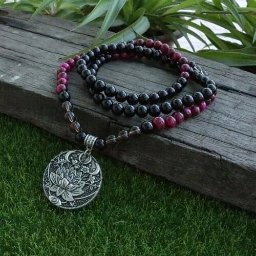Natural Tiger Eye With Black Onyx Stone Buddhist Prayer Mala Beads Bracelet Necklace Women Men Charms Bracelets Yoga Jewelry