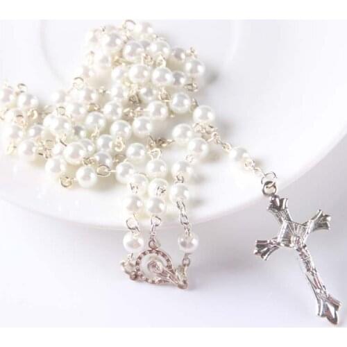 2016 New Fashion Unisex Casual Cool Cross Pendant Necklace white Beads Rosary Chain Necklace 6mm beads