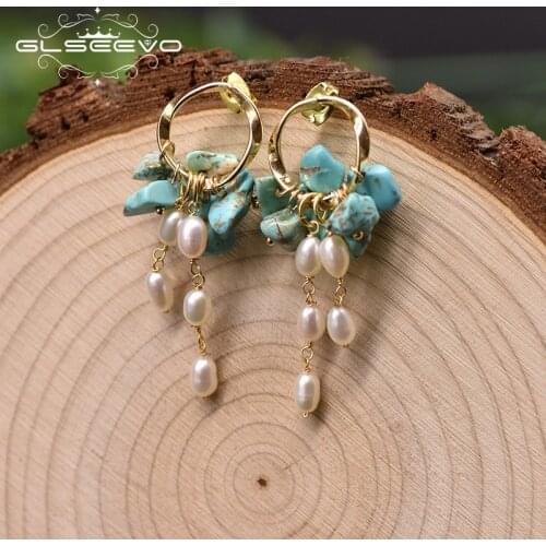 GLSEEVO Original Natural Freshwater Pearl Earrings Turquoise Drop Earring Ear Pin 925 Sterling Silver Fine Jewelry GE0991B