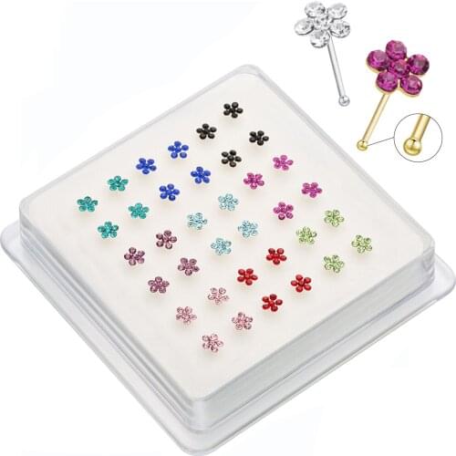 36Pcs/Set 925 Sterling Silver Nose Ring Piercing Flower Shape Crystal Body Jewelry Piercing Nariz Aros Plata 925 Mujer