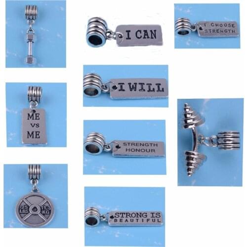 Fitness Crossfit Strong Is Beautiful Dumbbell Weight Plated Dangle charms fit Bracelet DIY Jewelry