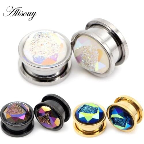 Alisouy 2pcs Stainless Steel Inlay Crystal Bud Ear Tunnels Plugs Flesh Screw Expanders Stretched Earrings Body Piercing Jewelry