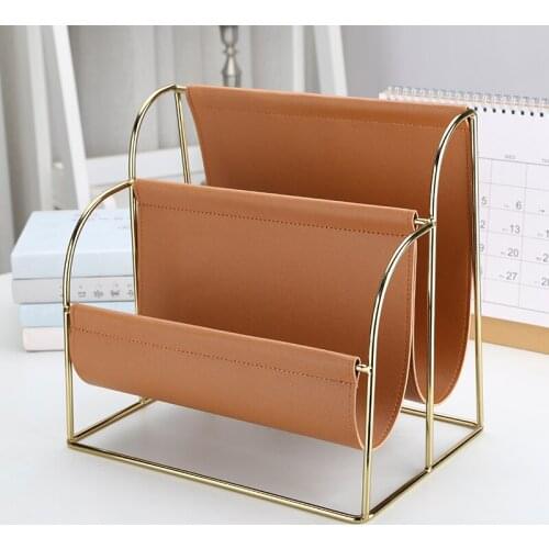 Office Home Hotel PU Leather Metal Display Plating Fashion Magazine Rack Desk Storage Organizer