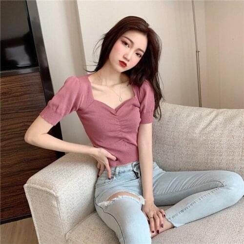 Woman TShirts Summer Puff Sleeve V-neck Short Sleeve Sweater Top Womens Clothing Crop Top Mujer Camisetas