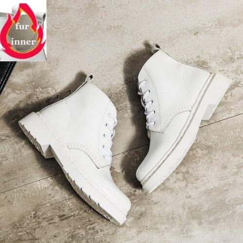 Womens Leather White Ankle Boots Motorcycle Boots White Martin Boots Female British White Boots Low Heel Flat Ankle Boots