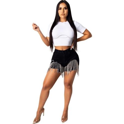 Womens Summer Fashion Black Shorts Jeans Sexy Streetwear High Waist Rhinestone Tassels Frayed Shorts Jeans Short Denim Women