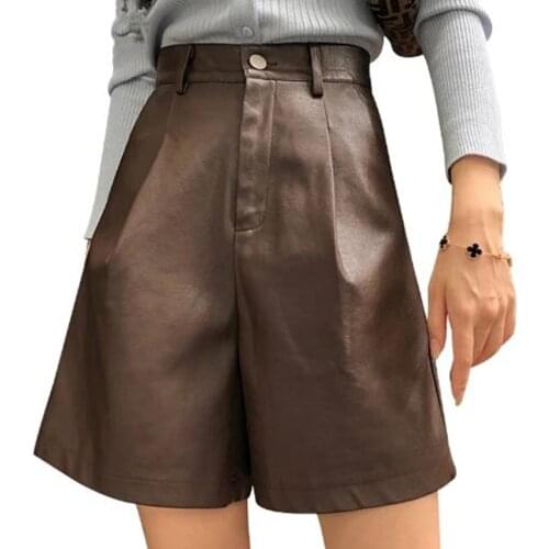 PU Leather Shorts Womens Autumn Winter New Loose Wide Leg PU Shorts Black Knee-Length Trouser