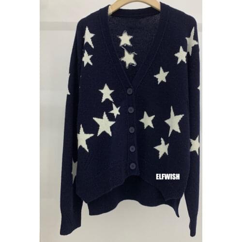 2022 Fall Women Navy 100% Cashmere Cardigan with White Stars Embroidered V-neck Oversized Sweaters On Sale