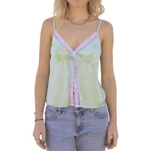 Women’s Summer Patchwork Sling Vest Tops Lace Bow Decoration Deep V-neck Front Lace-up Cardigan