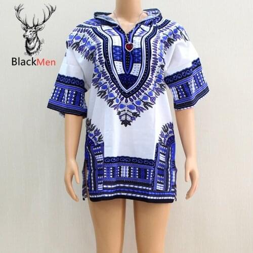 2020 New Arrival Dashiki 100% Cotton Blue Dashiki Pattern Printed Hoodies Short Sleeve African Tops Shirt