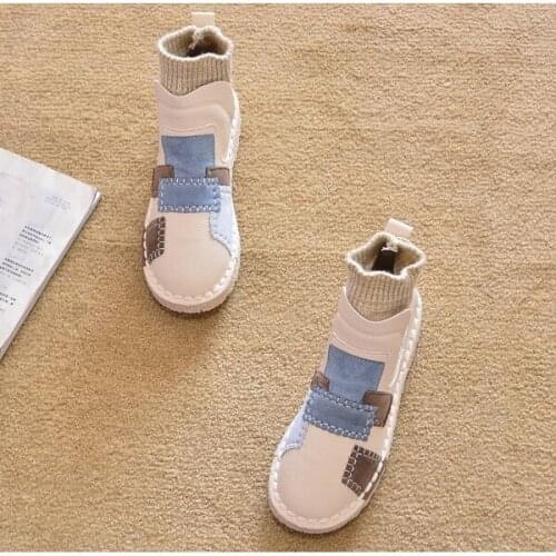 Shoes Woman Autumn and Winter Flat Heel Ankle Boots Flat Womens Shoes Short Snow Boots Round-Toe and Ankle Patch Contrast Color