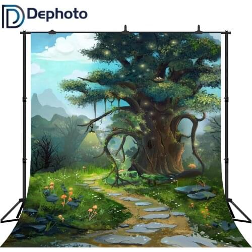 DePhoto Fairy Tale tree Photography Backdrops Children Backgrounds Photo Studio Mushrooms squirrel Flowers Photo Background