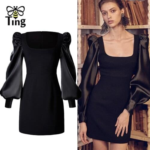 Tingfly Designer Fashion Square Collar Black Mini Short Party Night Dresses Long Puff Sleeve Bodycon Sexy Vestidos Elbise Traf