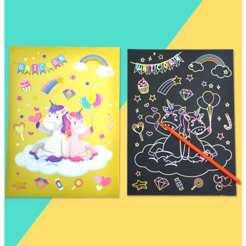 Cartoon Dinosaur Unicorn Drawing Board 9Pcs Kids DIY Educational Toys Magic Rainbow Color Scratch Art Painting Paper Card Kit