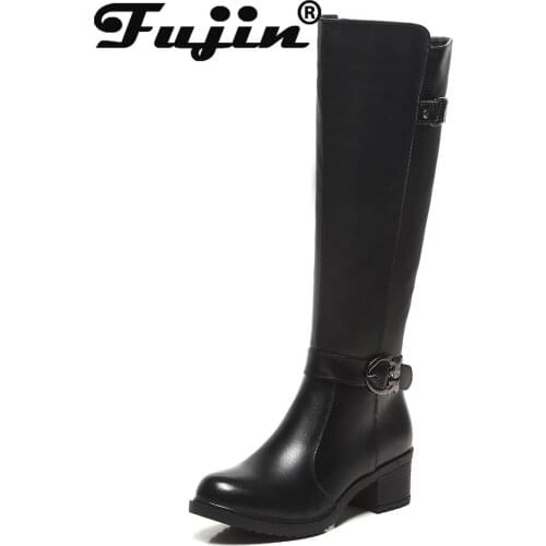 Fujin Knee High Women Boots Platform Wedge Heel Buckle Warm Winter Shoes Boots Women Plush Fur Booties Black Punk Motorcycle