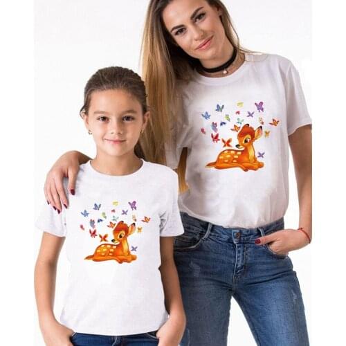 Cute Bambi Print Family Matching Clothes Children Kids Summer White Tshirt Harajuku Girl Boys Father Mother Outfits