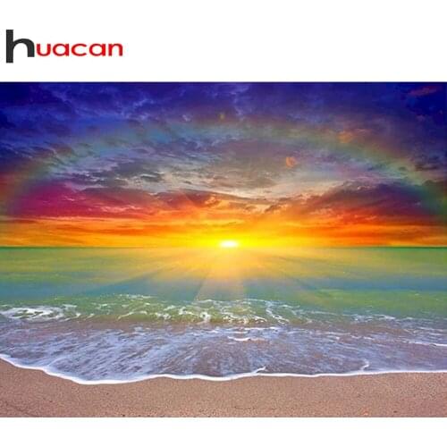 Huacan 5D Diamond Painting Full Drill Seaside Sunset Diamond Embroidery Mosaic Landscape Picture Of Rhinestones Home Decoration