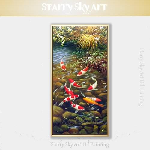 Professional Artist Pure Hand-painted Animal Vertical Rectangle Fish Koi Oil Painting on Canvas Chinese Fish Carp Oil Painting
