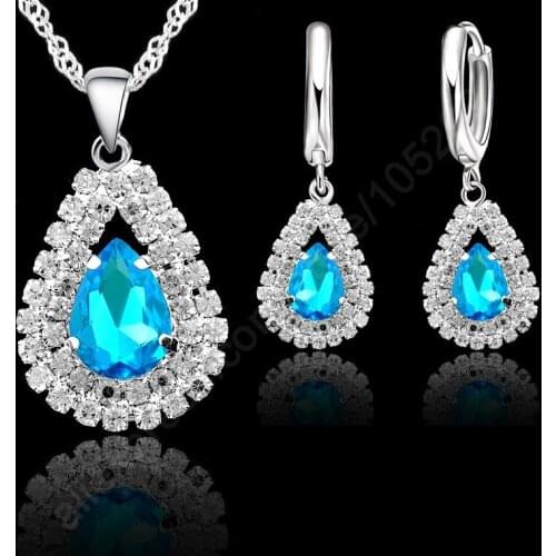 S925 Sterling Silver Jewelry Sets For Wedding Engagement Women Bridal Water Drop Crystal Pendants Necklace Earrings Set