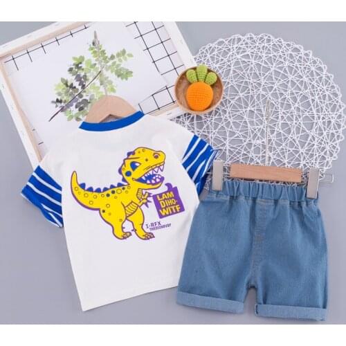 Sets Toddler Boys Clothes Sets Summer Kids Cartoon Printed Short Sleeve Tops + Denim Shorts Two-piece Childrens Clothing
