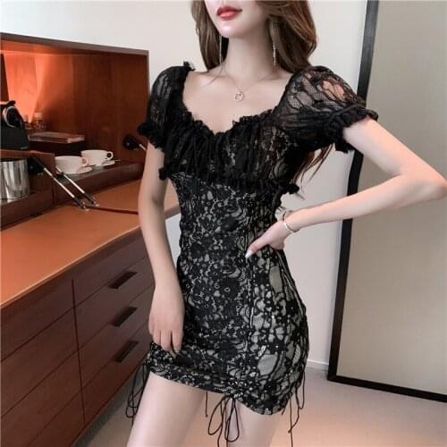 Summer Women Floral Embroidery Sexy Black Bodycon Dress Vintage Short Sleeve Backless Lace Mini Dress vestido verano 2020 Z258