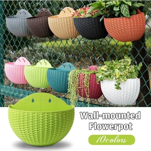Wall-mounted Flower Pot Imitation Rattan Wall Hanging Flower Plant Pot Semicircular Resin Fence Basket for Balcony Garden Indoor