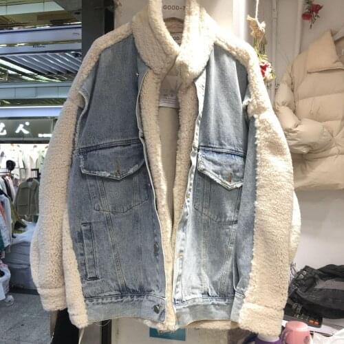 The New lamb wool stitching denim European goods plus velvet thickening warm denim jacket women