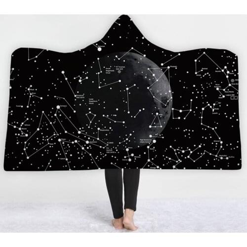 3D Starry Sky Universe Printed Microfiber Hooded Blanket For Adults Kids Sherpa Fleece Galaxy Wearable Throw Blankets