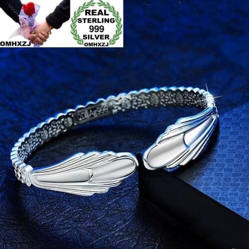 OMHXZJ Wholesale European Fashion Woman Man Party Wedding Gift Mermaid Wing Open S999 Sterling Silver Cuff Bangle BA49